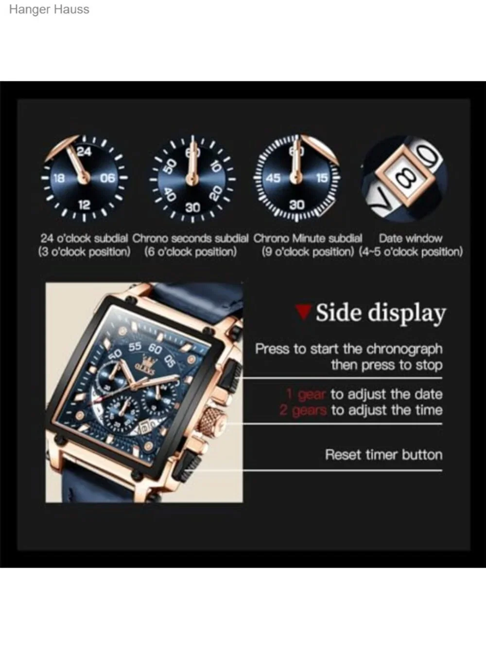 Men's Square Dial Quartz Leather Watch Waterproof Casual Date Display Analog